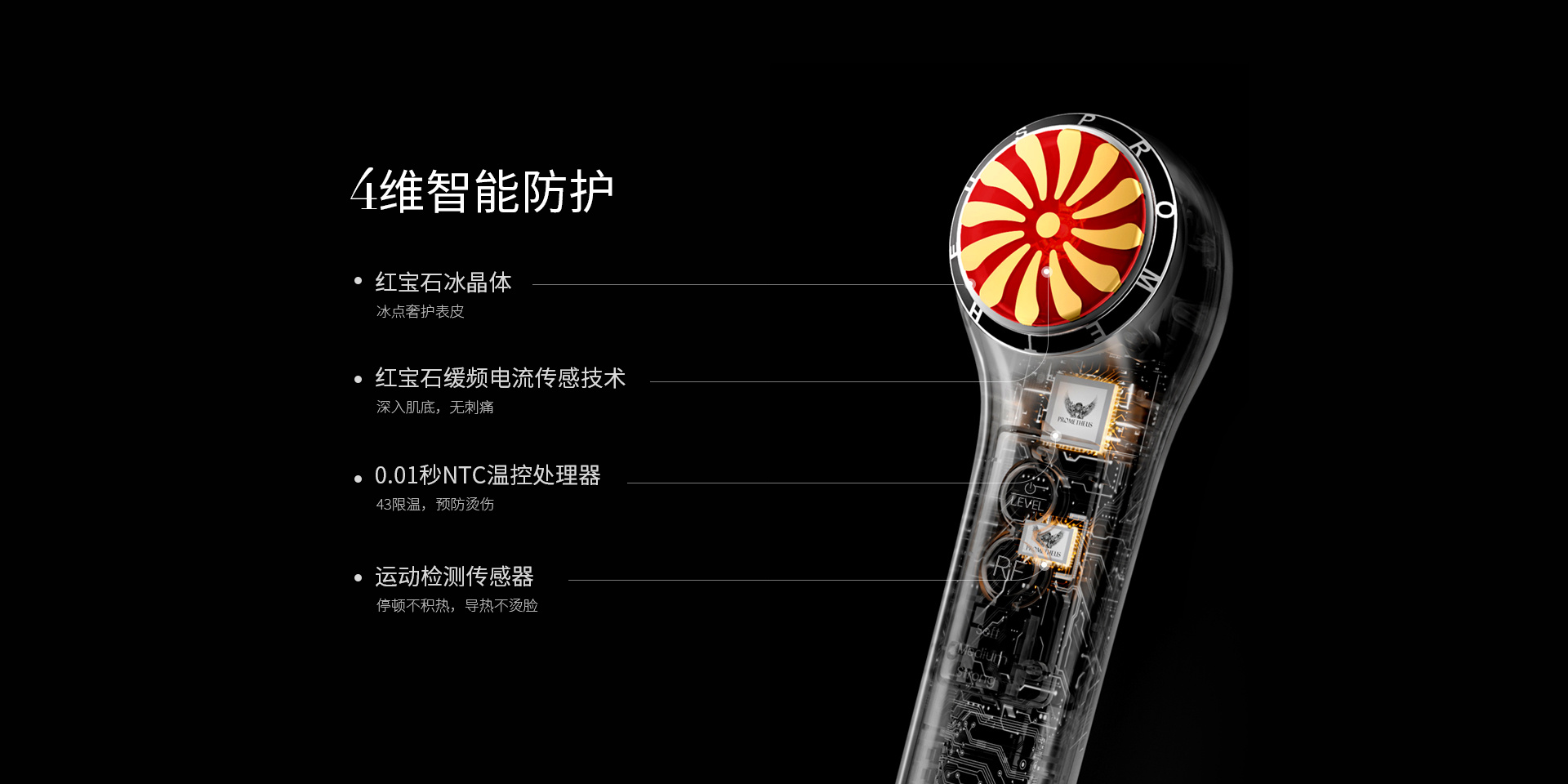 4维智能防护，红宝石晶体，红宝石缓频电流传感技术，0.01秒NTC温控处理器，运动检测传感器